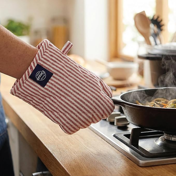 Encasa XO Heat Resistant 100% Cotton Oven Glove & Potholder Set with Loop, Kitchen Cooking Mittens, Microwave Safe Hot Pads (Ticking Red)