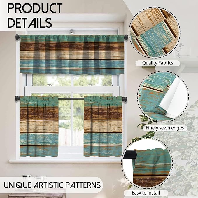 MCALK Teal and Brown Blackout Kitchen Curtains Tiers and Valances for Windows, Farmhouse Kitchen Window Curtains, Wooden Texture Valances for Living Room (36" Tiers Set)