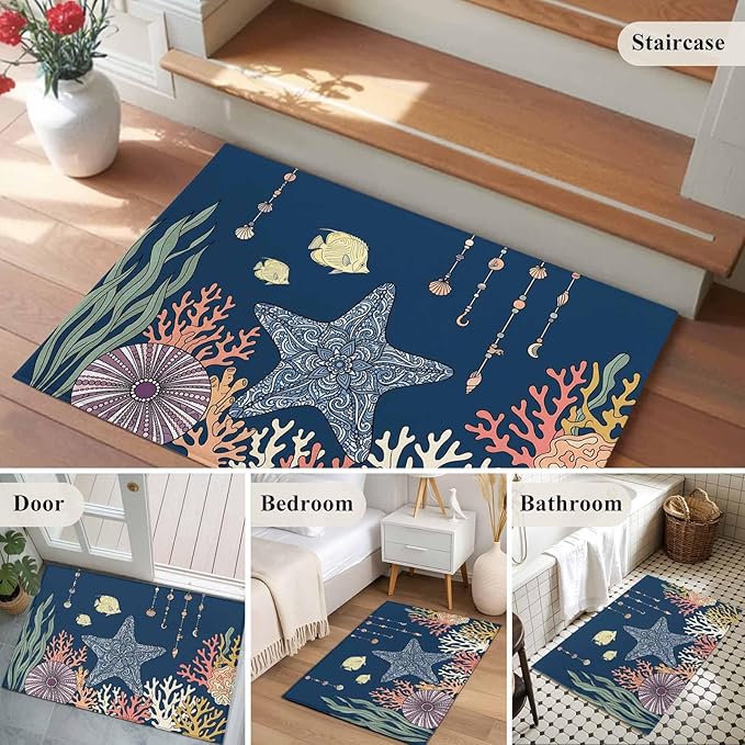 Area Rug 2x3ft, Ocean Starfish Coral Fish Washable Rugs for Living Room Bedroom, Underwater Creature on Navy Blue Soft Non-Slip Area Rugs Rectangle Floor Carpet for Dining Room