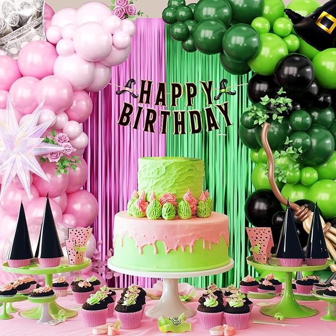 Pink and Green Balloon Arch Kit, 153Pcs Wick Party Decorations with Wick Balloons Arch and Foil Fringe Curtains for Princess Birthday Fairy Wonderlad Party Supplies