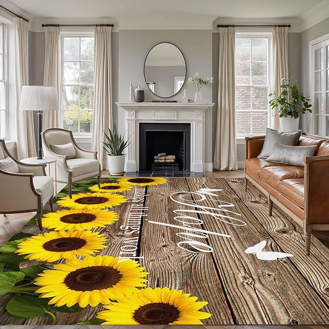 Area Rug 6x9ft, Farm Sunflower Positive Energy Quote Washable Rugs for Living Room Bedroom, Retro Dark Brown Wood Grain Soft Non-Slip Area Rugs Rectangle Floor Carpet for Dining Room
