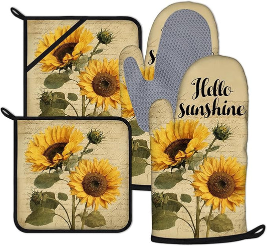 Vintage Sunflower Oven Mitts and Pot Holders Sets 4Pcs Hello Sunshine Floral Silicone Kitchen Gloves Heat Resistant Potholders for Baking Cooking Grilling BBQ