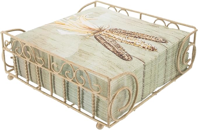 Boston International Paper Napkin Holder Caddy Dispenser for Kitchen Dining Buffet & Bar Countertops, 6.75" x 6.75" (Fits Lunch Size), Antique White Garden Gate
