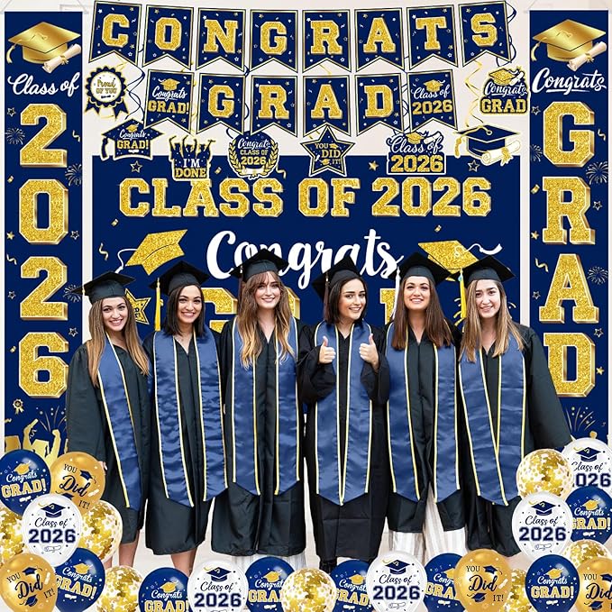Graduation Navy Blue Gold Decorations Include Grad Backdrop, Banner, Hanging Swirls, Porch Sign, Balloons for Congrats Grad Party Decorations