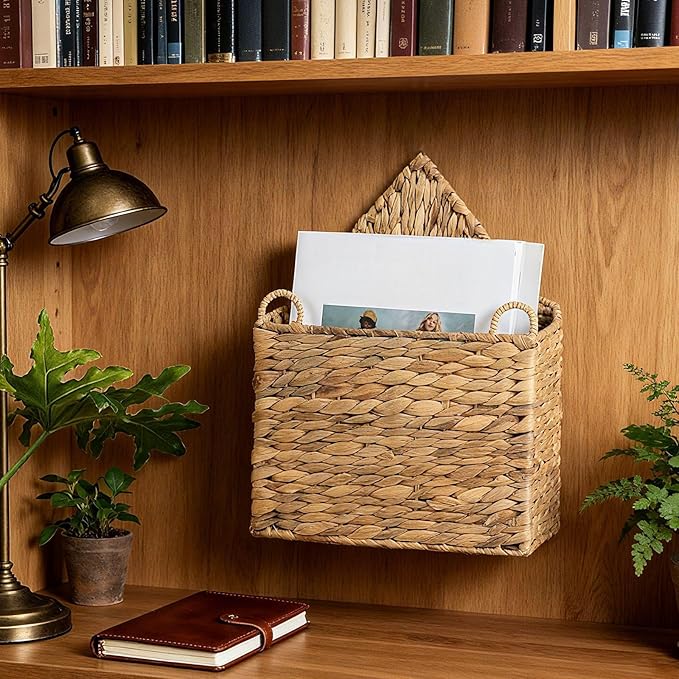 Wicker Magazine Holder Wall Basket Hanging Wall Mount Mail Rack Holder Storage Water Hyacinth House Shaped Woven Hanging Basket for Books & Files with Handle Home Office, 13.8 x 11 Inch