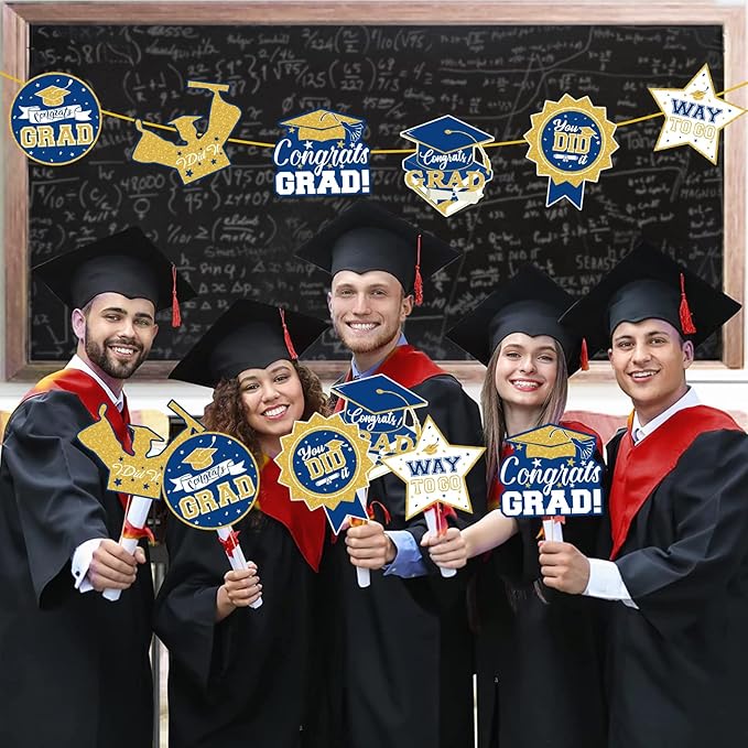 2026 Graduation Party Decorations - 24 Pcs Class of 2026 Congrats Grad Table Centerpieces Graduation Table Decorations Sticks Table Toppers for Graduation Party (Blue Gold)