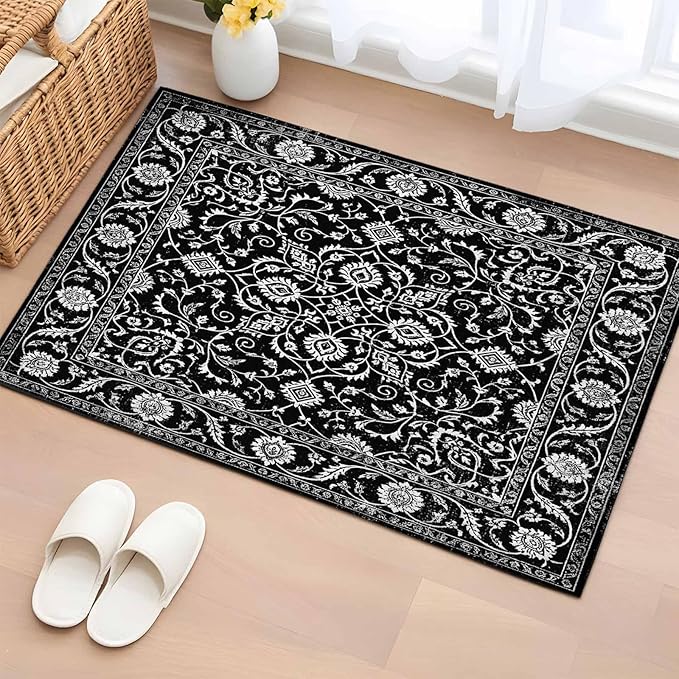 Area Rug 2x3ft, Paisley Vintage Black Floral Washable Rugs for Living Room Bedroom, Classic Flower Texture Soft Non-Slip Area Rugs Rectangle Floor Carpet for Dining Room