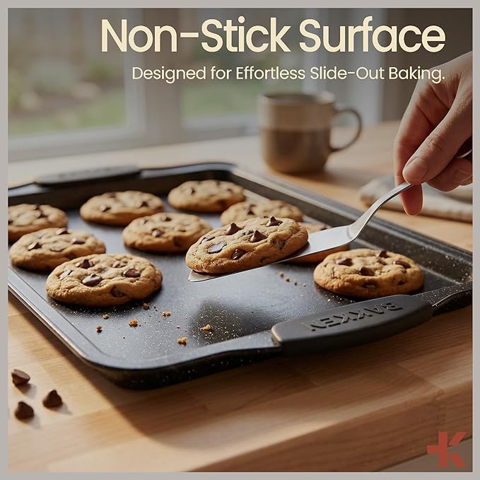 BAKKEN Cookie Sheets for Baking Nonstick Set - 3-Piece Stackable Carbon Steel Baking Sheet Pans Set with Silicone Handles, Non Toxic Cookie Sheets for Baking Bakeware Set - Gray Marble
