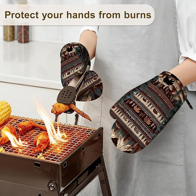 Oven Mitts and Pot Holders Vintage Bear Mountain Silicone Kitchen Accessories Set of 4 Heat Resistant Gloves Potholder Non-Slip Grip for Chef Cooking Baking Grilling BBQ