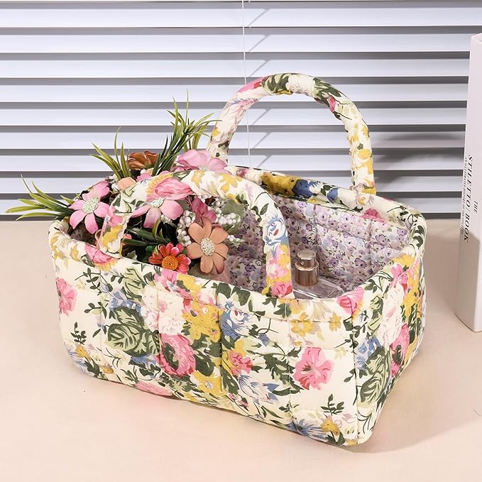 Quilted Fabric Storage Basket Floral Baby Diaper Caddy Quilted Basket for Nursery Bedroom Car Storage