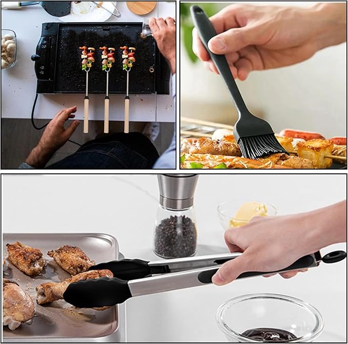 Collapsible BBQ Prep Tub 8L Black | Portable Meat Marinating Container with Locking Cutting Board Lid, BBQ Tongs, Grill Mesh, Silicone Brush & 3 Roasting Sticks for Camping & Outdoor Grilling