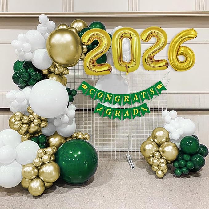 Graduation Decorations Class of 2026: Green and Gold Graduation Balloon Arch Garland Kit and Gold Confetti Balloons Congrats Grad Banner 2026 Foil Balloon Decorations For Grad Party