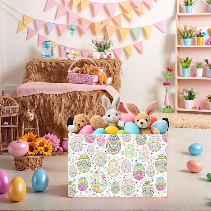 Kid Large Empty Easter Basket Gift Personalized Fabric Bunny Easter Basket for Boy and Girl Room Decor Storage Bin (Retro Easter Egg Flower)