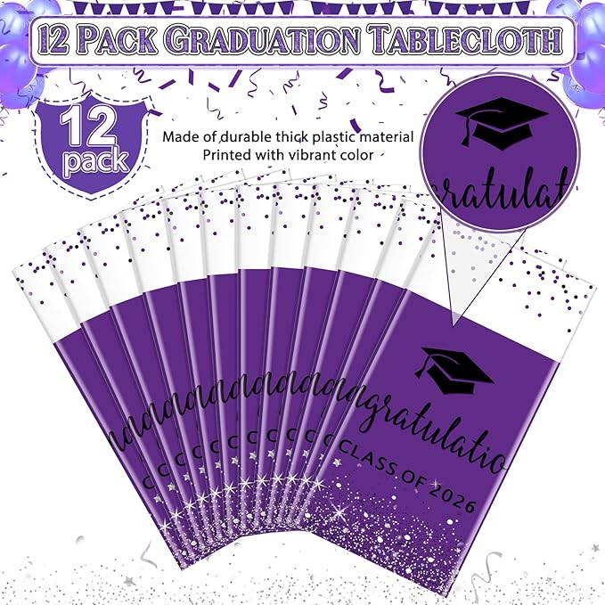 12 Pack Class of 2026 Graduation Tablecloths,Foil Dot Plastic Disposable Rectangle Table Covers for 2026 High School University College Graduation Party Decorations,108*54 Inch (Purple and Black)