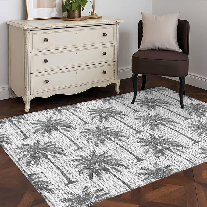 Area Rug 4x6ft, Summer Palm Tree Retro Linen Washable Rugs for Living Room Bedroom, Tropical Gray Botanical Soft Non-Slip Area Rugs Rectangle Floor Carpet for Dining Room