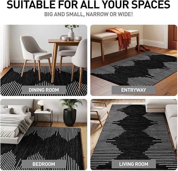 Rugshop Bohemian Stripe Stain Resistant High Traffic Living Room Kitchen Bedroom Dining Home Office Area Rug 6'6" x 9' Black