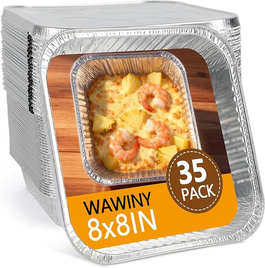 8x8 Thickened Aluminum Foil Pans, 35Pack Disposable Aluminum Pans with Lids for Roasting, Baking, Cooking, Food Prep, Chafing, Steam Table, Oven, Cake, and Party Catering.