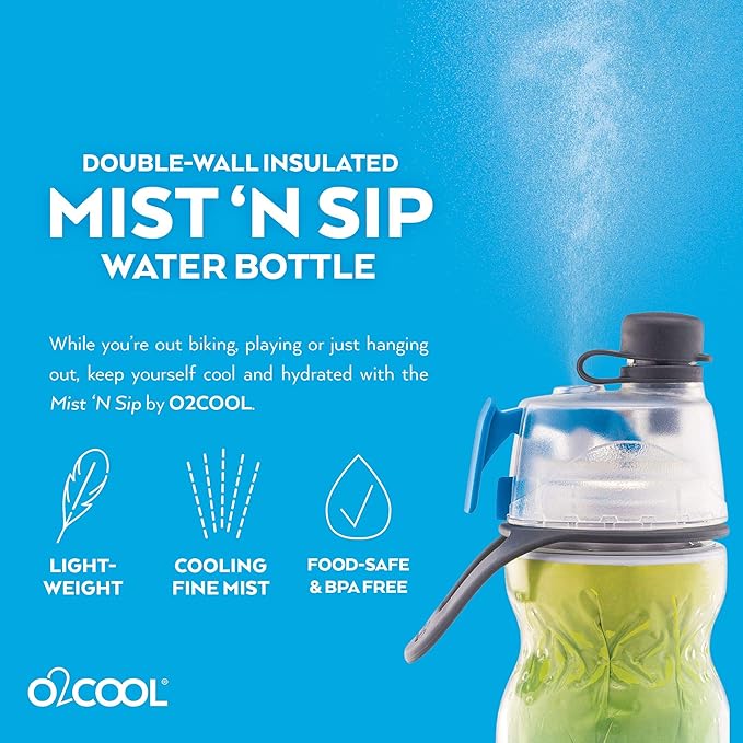 O2COOL Mist 'N Sip Misting Water Bottle 2-in-1 Mist And Sip Function With No Leak Pull Top Spout Reusable Sports Water Bottle - 20 oz (Blue Ombre)