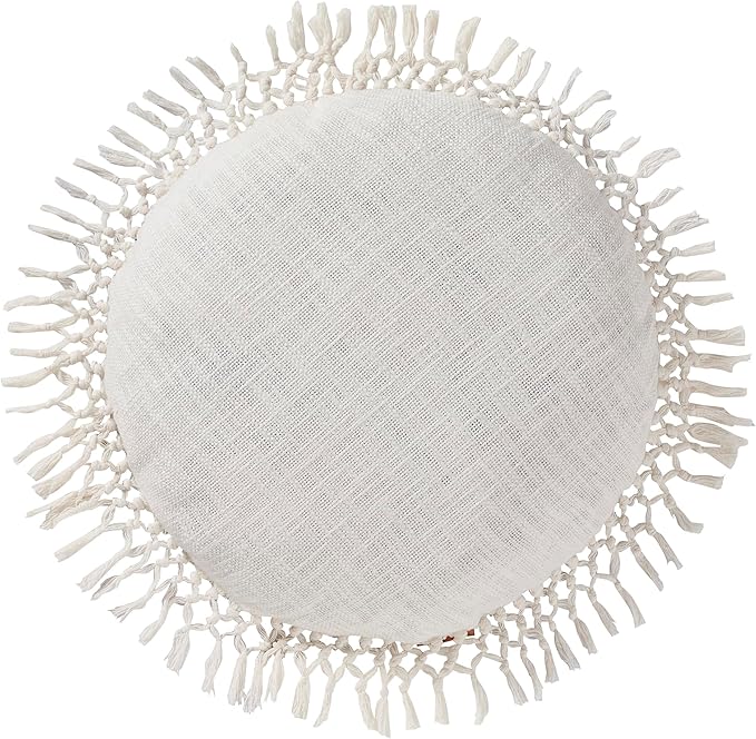 Indigo Ink Round White Decorative Throw Pillow with Tassels - 20" x 20" | Cotton Throw Cushion for Couch, Chair, Bed | Cute Home Decor | Soft Plush Filling | Tufted Medallion Collection, Bright White