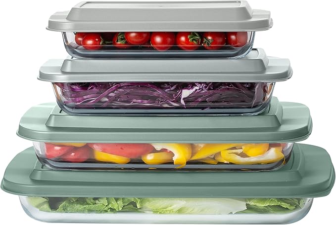 COOK WITH COLOR 8-Piece Deep Glass Baking Dish Set with Plastic Lids – Casserole and Food Storage Containers for Lasagna, Leftovers – Freezer-to-Oven, Microwave & Dishwasher Safe, Sage