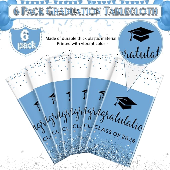 MASHAN 6 Pack Class of 2026 Graduation Tablecloths,Foil Dot Plastic Disposable Rectangle Table Covers for 2026 High School University College Graduation Party Decorations,108 * 54 Inch (Light Blue)
