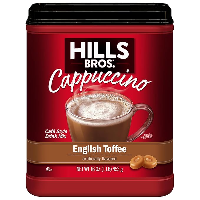 Hills Bros. Cappuccino Mix–Rich, Frothy Coffeehouse-Tasting Instant Drink Mix–Quick and Easy Preparation–Perfect for Hot & Iced Drinks & Creaming Coffee – English Toffee, 1 Pack of 16oz