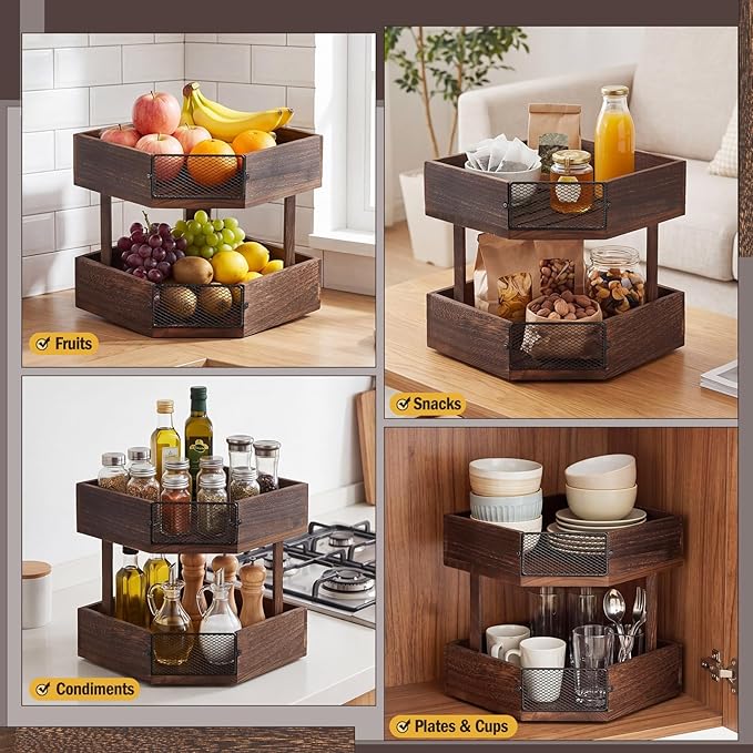 Vicenpal 2 Tier Corner Fruit Basket for Kitchen Countertop Wooden Farmhouse Fruit Bowl Vegetable Basket Produce Stand Storage Holder for Onion Potato, Vegetables, Spice Jars, Bread Storage