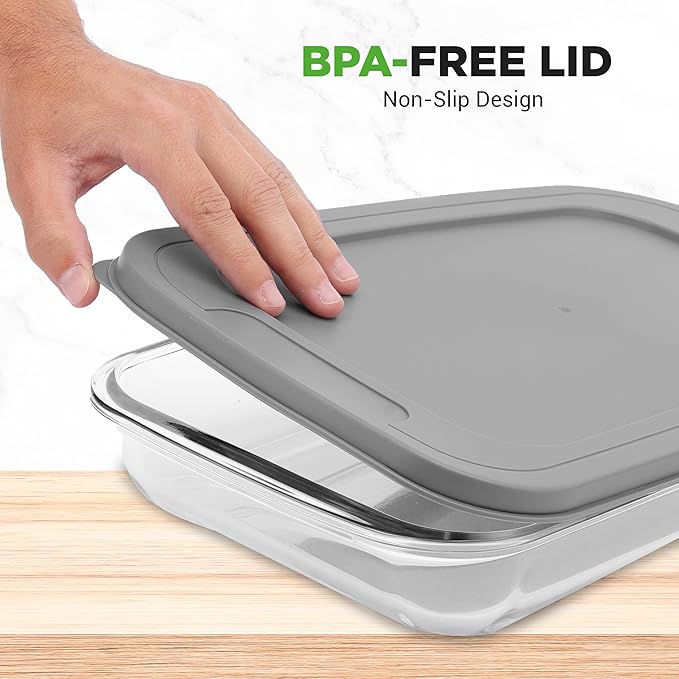 NutriChef 8-Piece Deep Glass Baking Dish for Oven with Lids - Casserole Dishes for Oven - Bakeware Sets for Lasagna, Meatloaf, Leftovers, Cooking, & Dishwasher Safe -Gray
