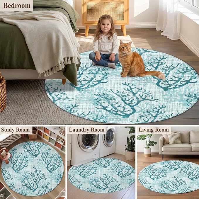 Washable Round Area Rug Coastal Sea Coral Retro Linen Circle Rugs Floor Carpet for Living Room Bedroom, Underwater Ocean Life Soft Non Slip Round Rug 3ft