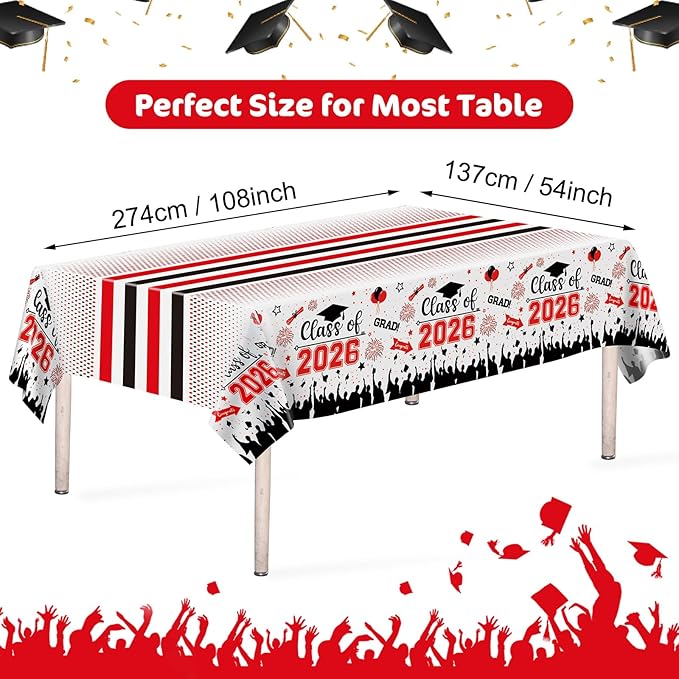 Graduation Decorations Class of 2026 Tablecloth - 3 Pcs Plastic Congrats Grad Table Cloth, Graduation Table Cover for Graduations Party Decorations 2026 and Party Supplies, 54"x108" (Red and Black)