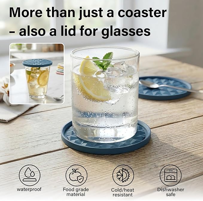 Silicone Coasters for Drinks[6 Pack]- Cup Mat with Holder for Tabletop Protection-Non-Slip, Non-Stick, Coffee Table Decor, Great Gift for Any Occasion, Dark Blue