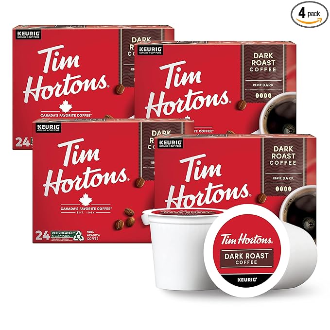Tim Hortons Dark Roast Coffee, Single-Serve K-Cup Pods Compatible with Keurig Brewers, 96ct K-Cups, Red -24 Count (Pack of 4)