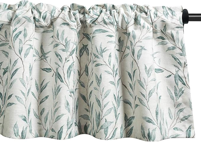 VOGOL Blue Valances for Windows, Lovely Leaf Print Window Shades Rod Pocket Kitchen Valances for Windows Farmhouse Cafe, 52 x 12, One Piece