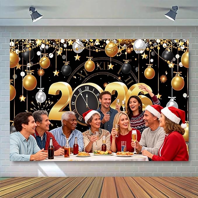 New Year's Eve Party Supplies 2026 Set, Black and Gold Decorations with Backdrop, Star Balloons, Foil Numbers, Party Hats and Bottle Accessories