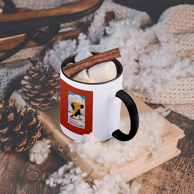3dRose Winter in Switzerland Man Putting on his Skis Luggage Label 11oz Two-Tone Black Mug