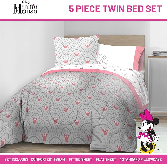 Disney Minnie Mouse Twin Comforter Set - 5 Piece Bedding Includes Sheet Set & Pillow Covers - Super Soft Cozy Pink Mandala Bedding