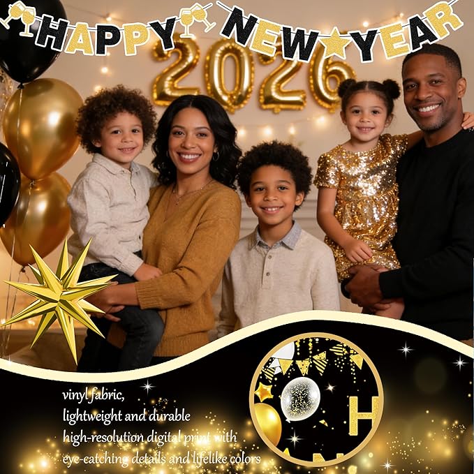 New Year 2026 Party Supplies Kit, Happy New Year's Eve Party Decorations, 2026 Year Party Decor with 2026 Gold Black Balloon Garland Foil Curtain Tablecloth with 2026 New Years Eve Party Decorations