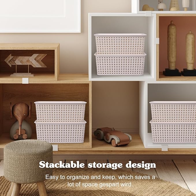 Misty Stream 6pcs Rattan Organiser Box with Lid & Handles Bathroom Kitchen Storage Boxes Plastic Storage Basket for Cupboards Shelves Bathrooms
