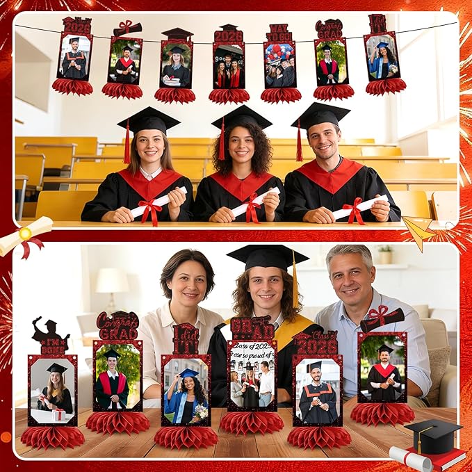 9 PCS Graduation Party Decorations Class of 2026 Honeycomb Centerpieces, Honeycomb Centerpieces for Graduation Photo Toppers Table Decorations. (Grad.Red)