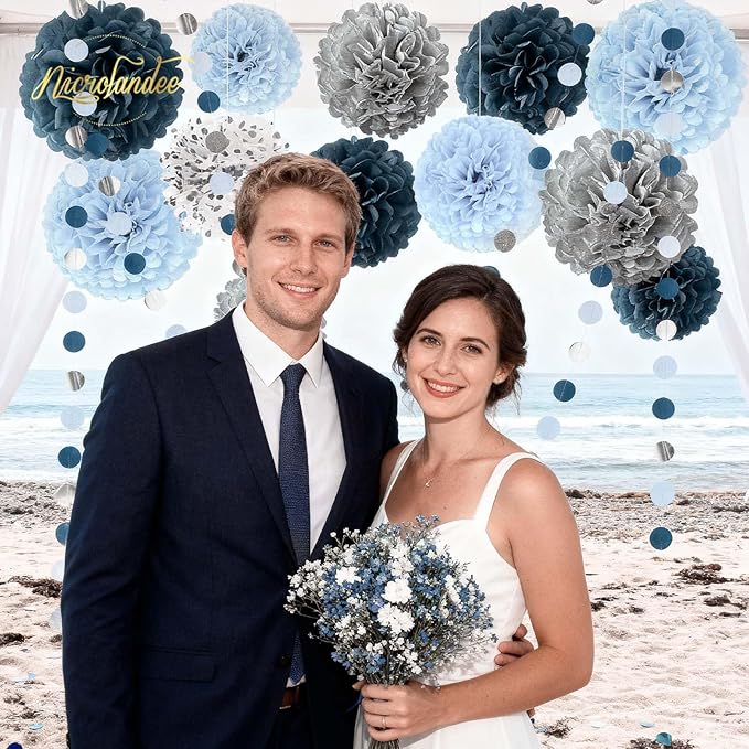 NICROLANDEE Dusty Blue Wedding Decorations, 15 PCS Tissue Pom Poms Paper Garland Decoration for Something Blue Bridal Shower Bachelorette Party Baby Shower Decorations