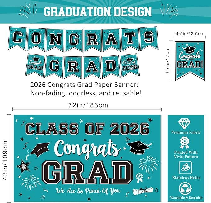 Graduation Teal Decorations 2026 Include Grad Backdrop, Banner, Hanging Swirls, Porch Sign, Balloons for Congrats Grad Party Decorations