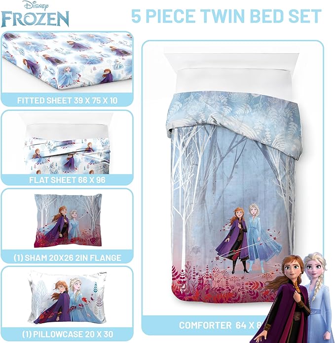 Disney Frozen 2 Forest Spirit 5 Piece Twin Bed Set - Includes Reversible Comforter & Sheet Set - Bedding Features Elsa & Anna - Super Soft Fade Resistant Microfiber - (Official Disney Product)