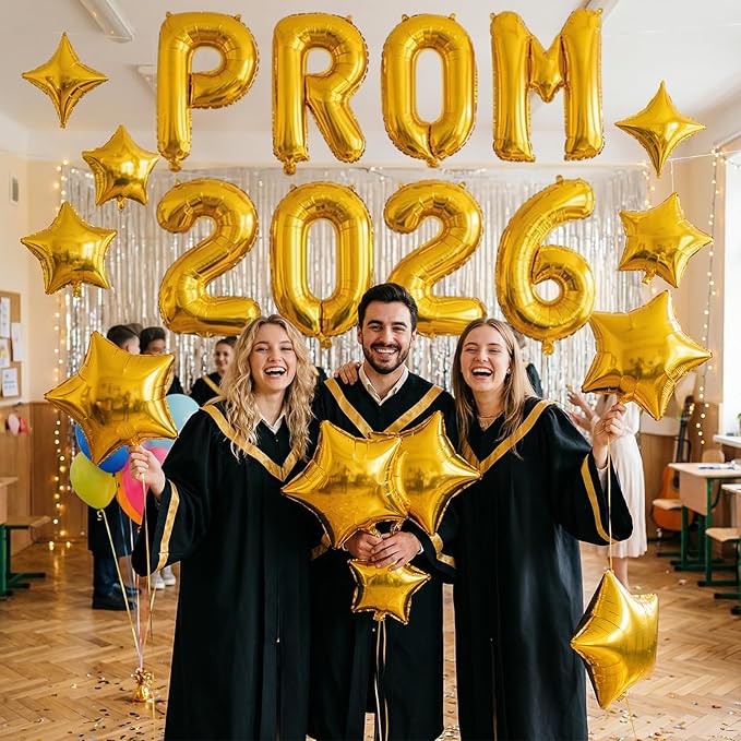 Prom 2026 Balloons Banner, 16 inch Gold letter Balloons Prom 2026 Sign Decoration with Gold Star Balloon for Class of 2026 Congrats Grad Party Birthday Retirement High School Graduation Party Supplies