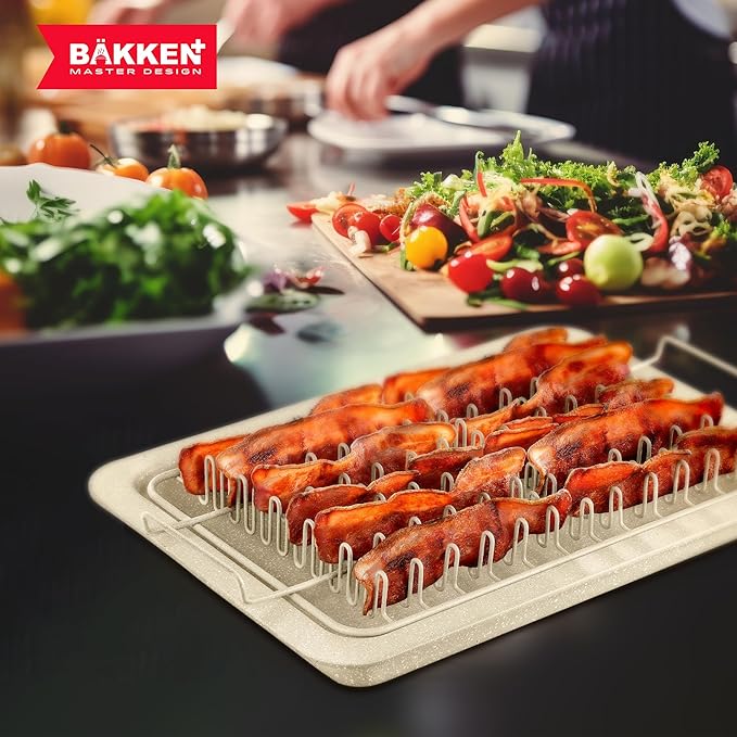 Bacon Tray - 2-Piece Set – Marble Coating - Durable, Non-Stick Cooking Tray for Bacon – White Stone Tray and Carbon Steel Rack