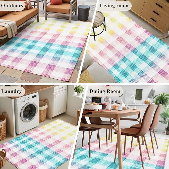 Area Rug 3x5ft, Easter Red Yellow Blue Stripes Washable Rugs for Living Room Bedroom, Abstract Buffalo Plaid Soft Non-Slip Area Rugs Rectangle Floor Carpet for Dining Room