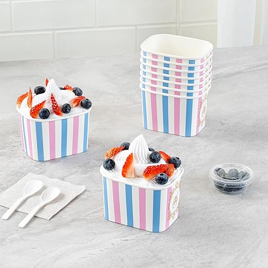 Restaurantware Paper Cups 50 Count 12 Ounce Square Disposable Ice Cream Containers, Leak-Resistant Paper Dessert To Go Cups, Hot And Cold Food, Durable Pink And Blue Stripe Design
