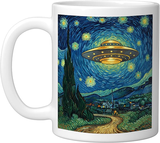 Ufo Over Starry Night Van Gogh Style Sci Fi Saucer Art Ceramic Mug, White