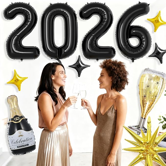 Black 2026 Balloons, 40 Inch Number 2026 Black Foil Balloons, Gold Black Star Balloon, Champagne Bottle Glass Balloon for Happy New Years Eve Party Supplies 2026 Class of 2026 Graduation Decorations