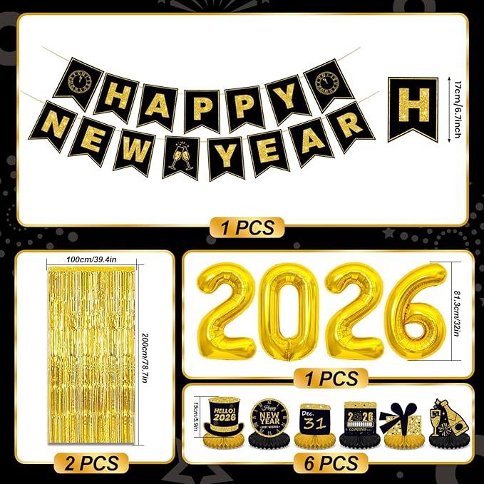 New Years Eve Party Supplies 2026 for 12, New Years Eve Party Decorations, 6 Hat, 6 Glasses, 12 blowouts, 6 Table Centerpiece, 2 Foil Fringe Curtains, 18 Balloons, Great NYE Decorations Pack