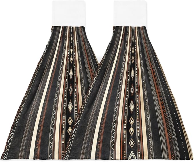 Alandar Home Kitchen Tie Towel Set of 2, Ethnic Brown Stripes Retro Style Absorbent Soft Hand Towels for Bathroom Hanging Towels, Abstract Geometric Fast Drying Cleaning Cloth with Loop